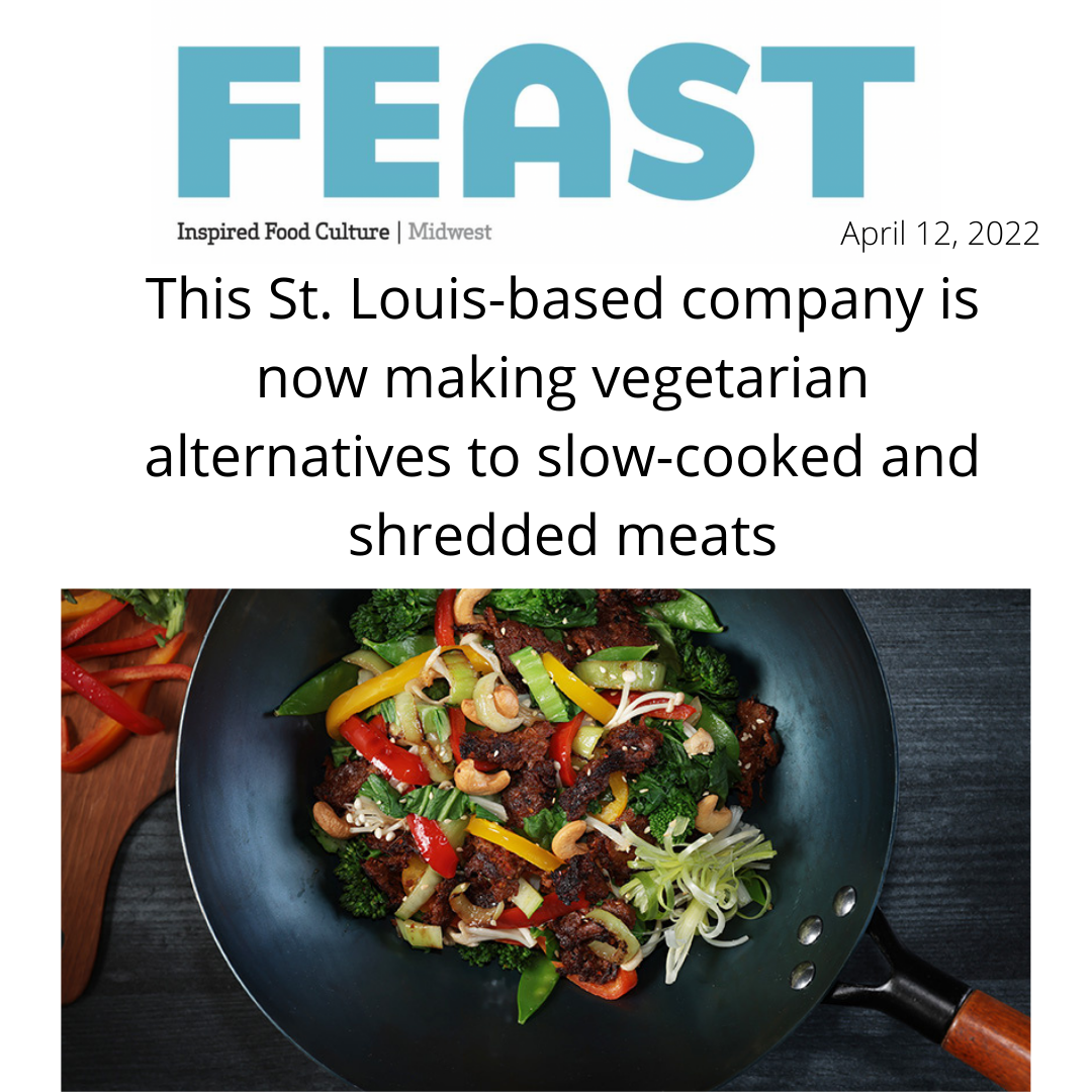 Snapshot of Feast article about Harvest Shreds featuring a photo of Wok filled with broccoli, Korean Bulgogi-scented Harvest Shreds, red and yellow peppers, snow peas, Bok choy, and sesame seeds on a dark wooden background. Wooden board with julienned peppers and broccoli rabe. Headline: This St. Louis-based company is now making vegetarian alternative so slow-cooked and shredded meats.