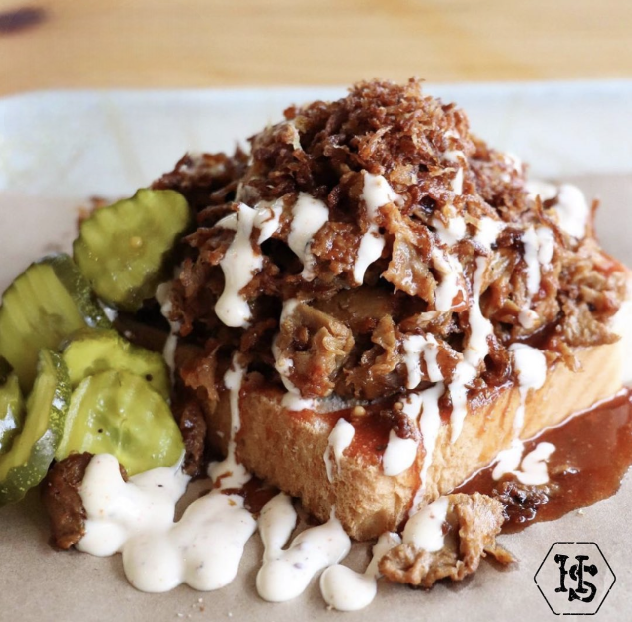 Grace Meat + 3: Harvest shreds on toast with pickles and a creamy sauce