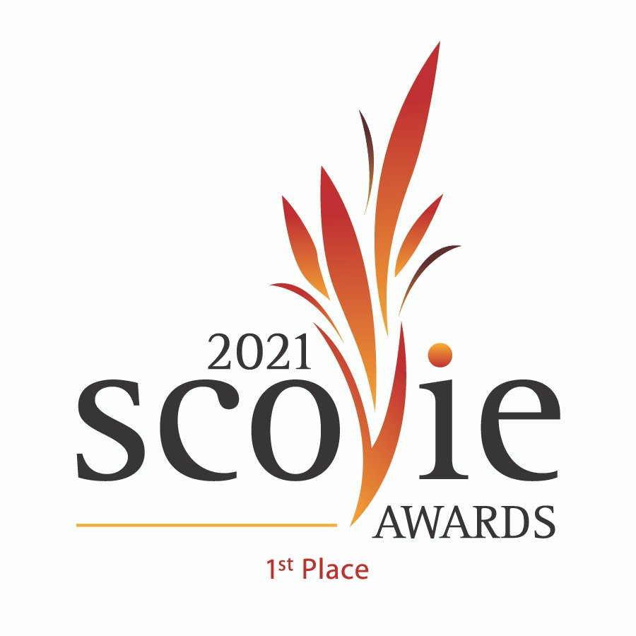 2021 Scovie Awards 1st Place logo featuring stylized orange and red chili flames rising above the word 'Scovie,' with 'AWARDS' written below and '1st Place' in red text at the bottom.