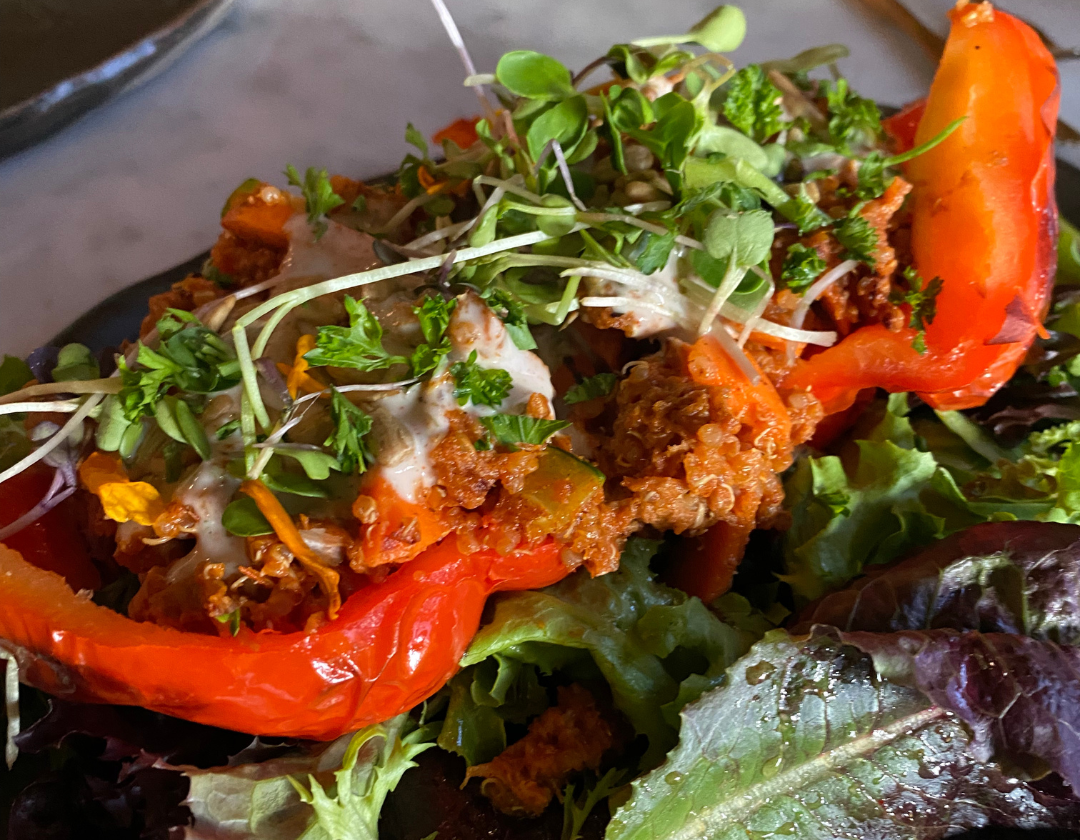 Image of stuffed red pepper from Ivy foods, with harvest shreds and bright sprouts on a bed of greens